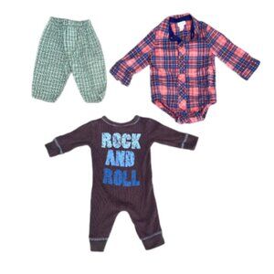 Baby Boy 3-Month Outfit Bundle - Rock & Roll Onesie, Plaid Shirt, Pants